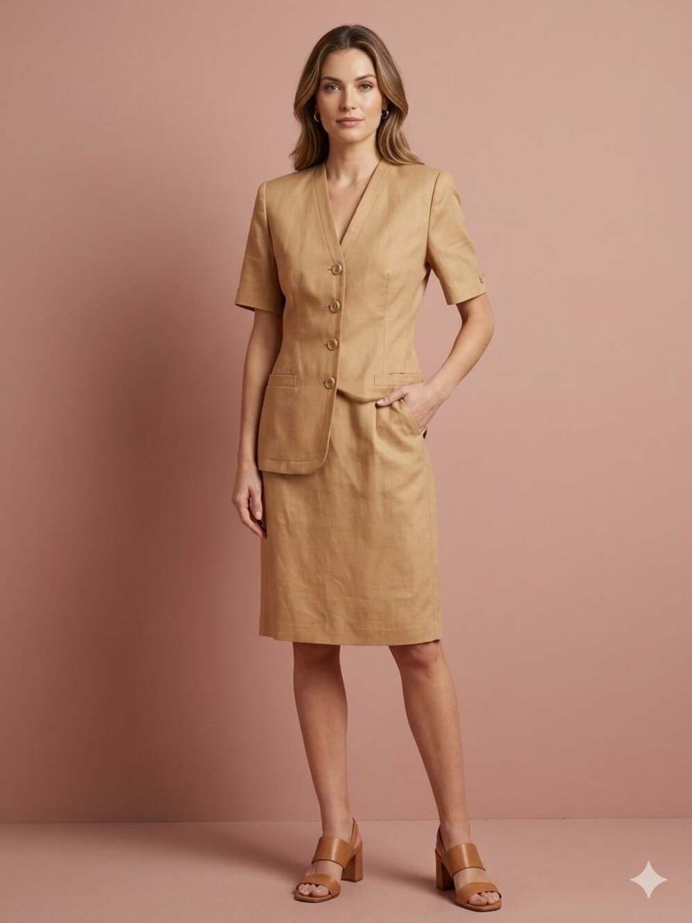 Vintage Oleg Cassini Tan Short Sleeve Skirt Suit Set Size 14